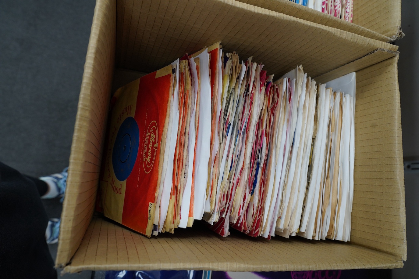 Three boxes of 7” singles on labels including; Oriole, Polydor, Liberty, Piccadilly, Mercury, etc. artists including; The Who, James Brown, the Crickets, Eddie Cochran, The Platters, Big Bopper, Sarah Vaughan, Johnny Pre